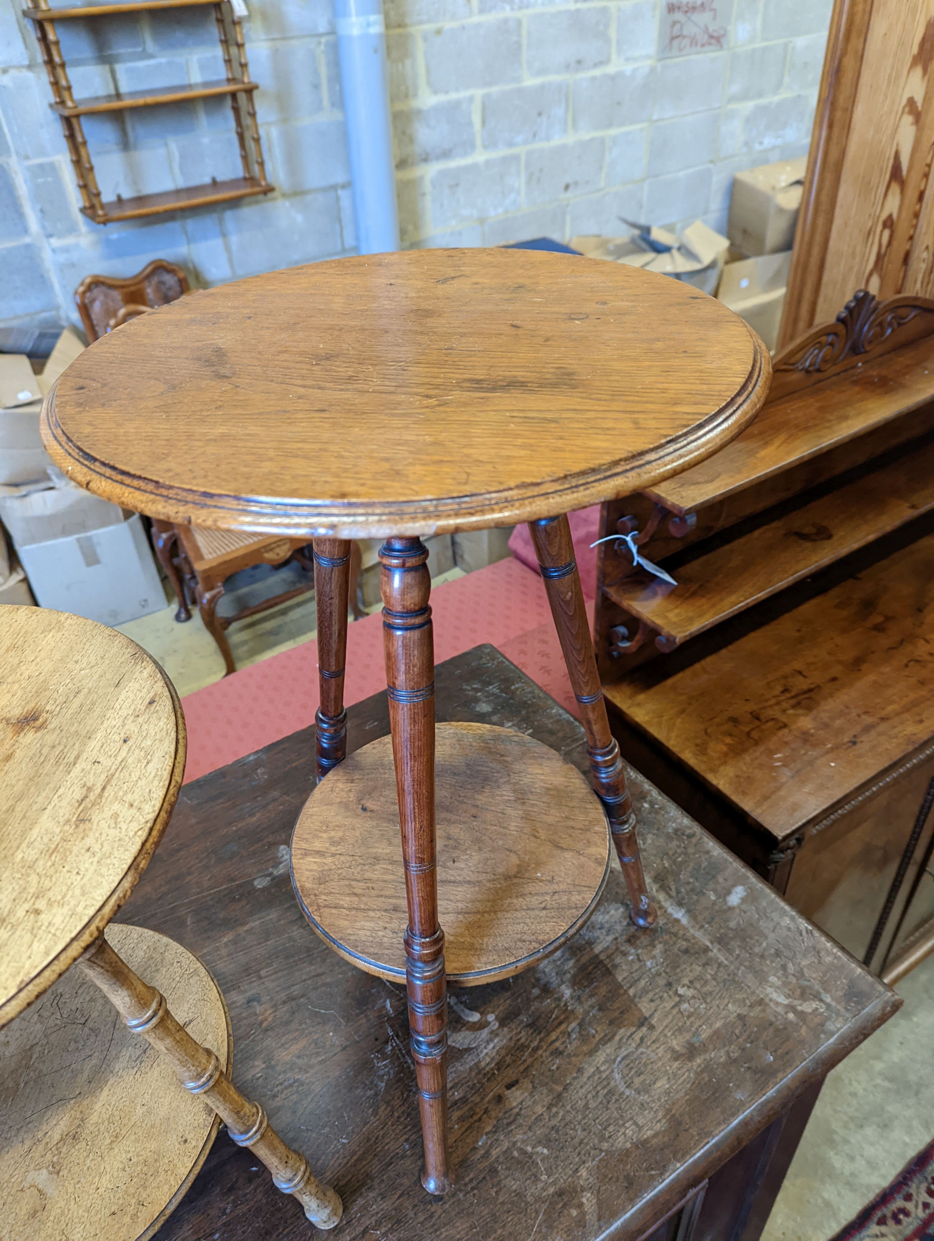 Two Victorian mahogany circular two tier tables, larger 67cm high together with an Edwardian kidney shaped occasional table